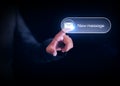 Person Touching New Message Notification appearing on the side with blue glow background. Message, bar, notification concept, Royalty Free Stock Photo