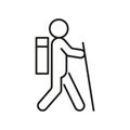 Person travel, hiker and tourist, line icon. Man walk with bag and stick. Vector outline sign Royalty Free Stock Photo