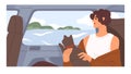 Person traveling with cat by car, looking outside window at sea landscape. Tourist with animal at summer holiday trip to