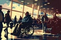 person, traveling with wheelchair, in busy airport terminal