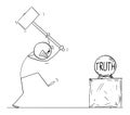 Person Trying to Destroy Truth with Hammer, Vector Cartoon Stick Figure Illustration