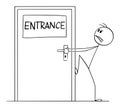 Person Trying to Open Locked or Blocked Entrance Door , Vector Cartoon Stick Figure Illustration