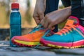 person tying laces on colorful sneakers with water bottle beside