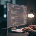 A person types on a keyboard in front of a widescreen monitor displaying colorful Royalty Free Stock Photo