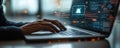 Person types on laptop. AI assistant interface displays on screen. Prompt engineering concept. Generative AI tool for tech