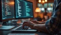 Person types on laptop computer. Computer screens show coding. Web developer working. Modern work environment. Focused