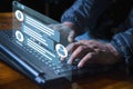 A person types on a laptop with a digital chatbot interface overlay, featuring AI conversation bubbles and robotic icons. The