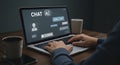 A person types on a laptop displaying a chat interface with AI elements. The scr