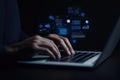 Person types on laptop. Hands on keyboard. Digital interface elements appear over screen. Modern tech. Efficient file management