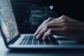 Person types on laptop keyboard. AI code appears on screen. Modern tech concept. Person working with virtual assistant. Future of
