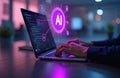 Person types on laptop keyboard with AI icon, artificial intelligence integration modern business. Digital transformation,