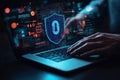 Person types on laptop keyboard. Data protection tech displayed on screen. Cybersecurity, privacy concepts visualized. Protection