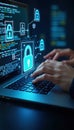 Person types on laptop keyboard focused on tech project. Person works on network security project. Coding secure online data.