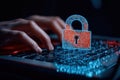 Person types on laptop keyboard. Holographic padlock hovers over keys. Cybersecurity theme. Person authorizing access protecting