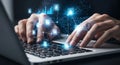 Person types on a laptop keyboard with network icon and graph overlays visualized Royalty Free Stock Photo