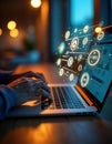 Person types on laptop keyboard. SEO icons float above screen. Person likely works on web page optimization. Modern tech concept. Royalty Free Stock Photo