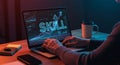 A person types on a laptop, where the screen displays the word \