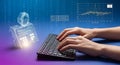 Person typing on keyboard with digital representation and data visualization in background Royalty Free Stock Photo