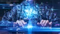 A person typing on a keyboard with a glowing digital tree emerging from the screen, symbolizing the growth of artificial