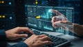 Person typing on keyboard interacting with holographic data analysis screens technology Royalty Free Stock Photo
