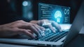 Person typing on laptop with AI brain interface and data visualization Royalty Free Stock Photo