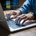 Person Typing on Laptop with Data Flow Visualization - Network & Connectivity Concept Royalty Free Stock Photo
