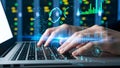Person typing on laptop with data visualization overlay Royalty Free Stock Photo