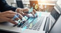 Person typing on laptop with digital data analysis interface overlay Royalty Free Stock Photo