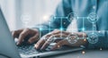 Person typing on laptop with digital network of business icons technology Royalty Free Stock Photo