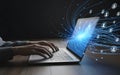 Person typing on laptop with futuristic digital network data flow. Royalty Free Stock Photo