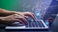 Person typing on laptop with glowing API and AI representing software integration and artificial intelligence Royalty Free Stock Photo