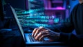 Person typing on laptop with glowing binary code data stream computer technology Royalty Free Stock Photo