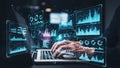 Person typing on laptop with holographic data visualizations and charts technology analysis Royalty Free Stock Photo