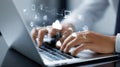 Person typing on laptop keyboard, cloud computing technology connecting global data digital and network transformation Royalty Free Stock Photo