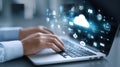 Person typing on laptop keyboard, cloud computing technology connecting global data network and digital transformation Royalty Free Stock Photo