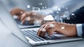 Person typing on laptop keyboard, cloud computing technology connecting global data network transformation and digital Royalty Free Stock Photo