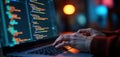 Person typing on laptop keyboard. Coding on screen. Pro software development work. Focus on detail, precision. Hands on laptop