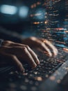 Hands Typing on a Laptop, Illuminated by Digital Data Streams in a Dark Environment, Showcasing the Fusion of Technology Royalty Free Stock Photo