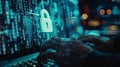 Hacker typing on laptop with lock and binary code background in dark room Royalty Free Stock Photo
