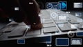 Person Typing on Modern Computer Keyboard Surrounded by Data Visualization Graphics and Statistical Charts Representing Royalty Free Stock Photo