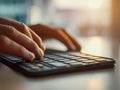 Person typing on a modern wireless keyboard with natural sunlight in the background during productive workspace session indoors Royalty Free Stock Photo
