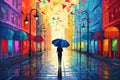 person with umbrella on colorful rainy day in the city