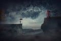 Person with an umbrella under the storm, stands on the edge of a cliff, need to pass the over side of precipice to reach a red Royalty Free Stock Photo