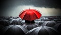 One Bright Red Umbrella in the Center of a Large Group of Black Umbrellas - Generative Ai Royalty Free Stock Photo