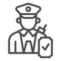 Person in uniform with checkmark line icon, Public transport concept, Railway worker sign on white background, train