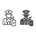 Person in uniform with checkmark line and solid icon, Public transport concept, Railway worker sign on white background