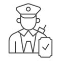 Person in uniform with checkmark thin line icon, Public transport concept, Railway worker sign on white background