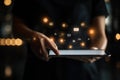 Modern Digital Control: Person Seamlessly Managing Multiple Screens via iPad Interface app user data work home woman