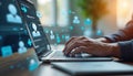 Person uses laptop for crm software automation. Virtual assistant, chatbot support online service. Customer gets tech support.