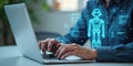Person uses laptop interacting with AI virtual assistant. AI chatbot prompts engineering. LLM, deep learning tech for work